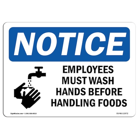 OSHA Notice Sign, Employees Must Wash Hands Before With Symbol, 18in X 12in Aluminum